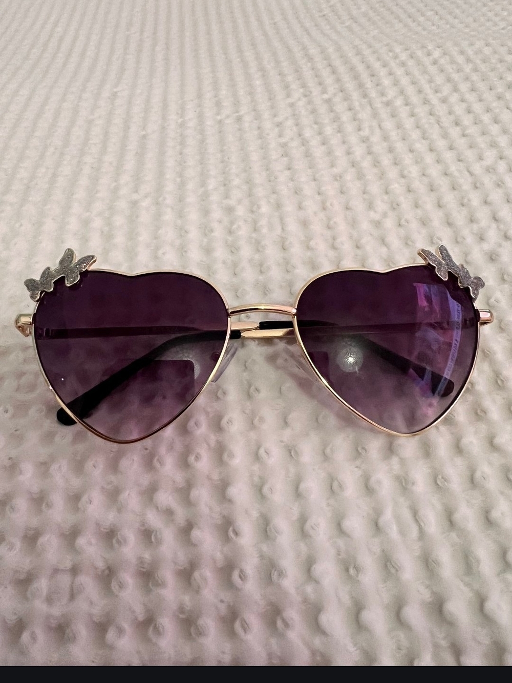 Rainbow Purple Heart Sunglasses with Gold Frame and Silver Accents